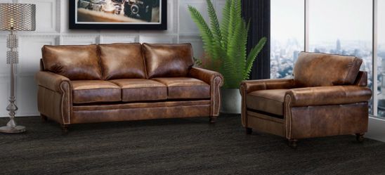 Brown Leather Sofa and Armchair Set