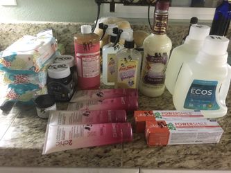 Wipes, honey, Castille soap, cleaning vinegar, piña colada mix, laundry detergent, shampoo, toothpaste, and deodorant