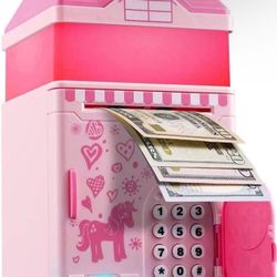 Piggy Bank, Pink ATM Plastic Piggy Bank for Real Money, Gift Toys for Girls Boys Kids Birthday, Cute Electronic Cash Coin Code with Night Light, Music