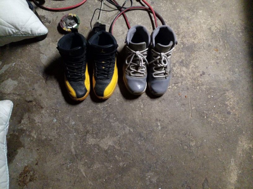 Jordans 12s Black And Yellow And Cool Gray 13s 