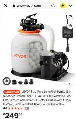 VEVOR FlashPure Sand Filter Pump, 16 in for Above Ground Pool, 1 HP 4400 GPH, Swimming Pool Filter System with Timer, 6X Faster Filtration with Media 