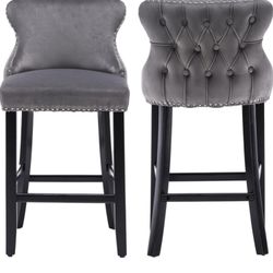 Set of 2 Gray Velvet Counter Height Bar Stools, 26.7" height