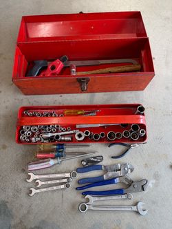 Vintage Fleet tool box with screwdrivers ratchet sockets pliars wrenches