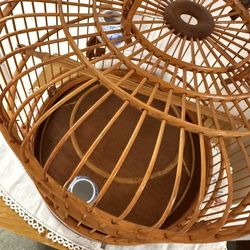 Vintage Asian Bamboo Bird Cage Blue Floral Ceramic Feeder/Water Bowls