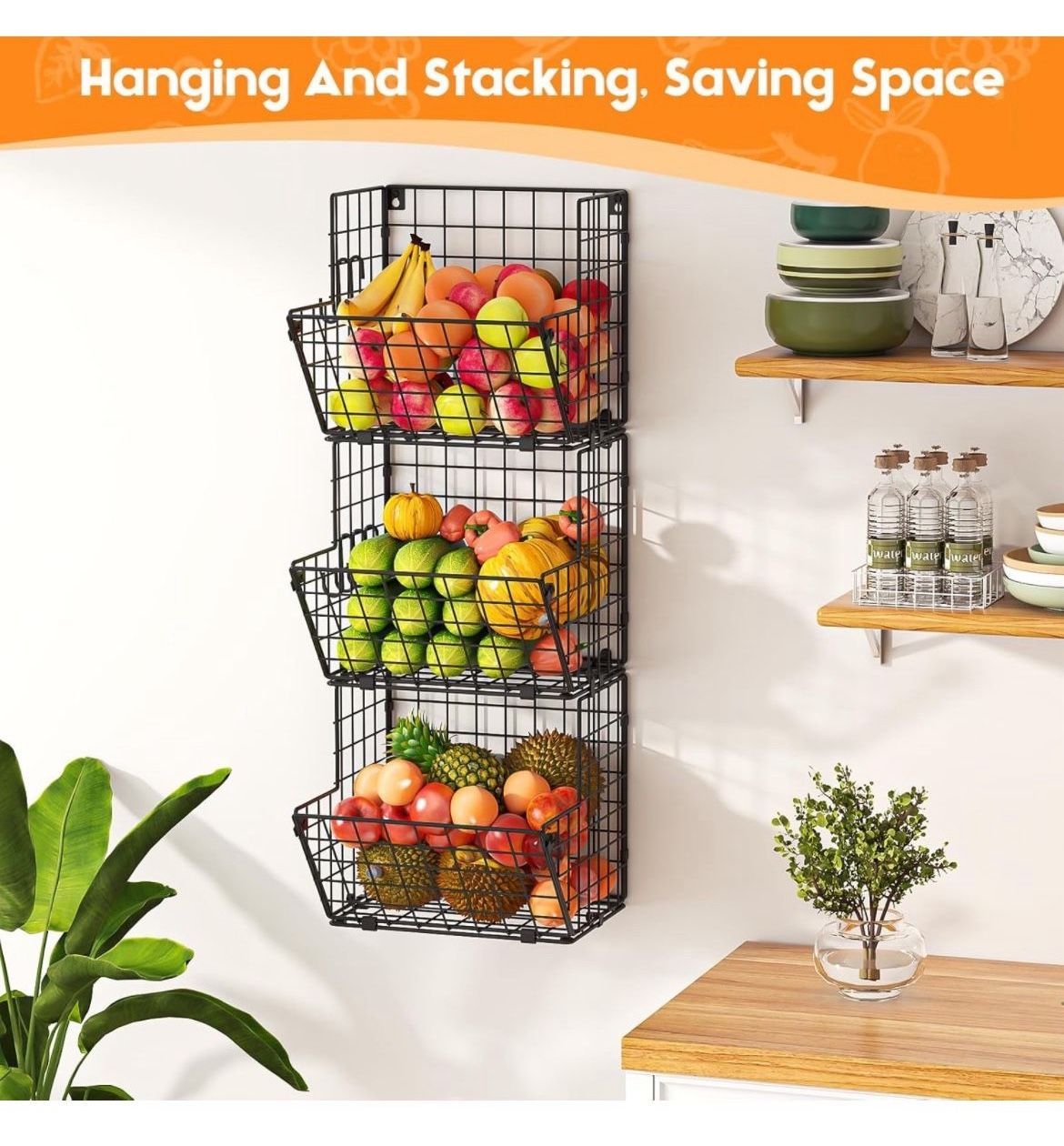 X-cosrack Metal Wire Basket Wall Mount, 3 Tier Wall Storage Basket Organizer