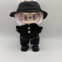 Handmade Labubu Outfit Set – Black Trench Coat Hat Pants Shoes (Doll Not included)