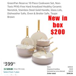 New GreenPan Reserve Hard Anodized Healthy Ceramic Nonstick 10 Piece Cookware Pots and Pans Set, Gold Handle, PFAS-Free, Dishwasher Safe, $200