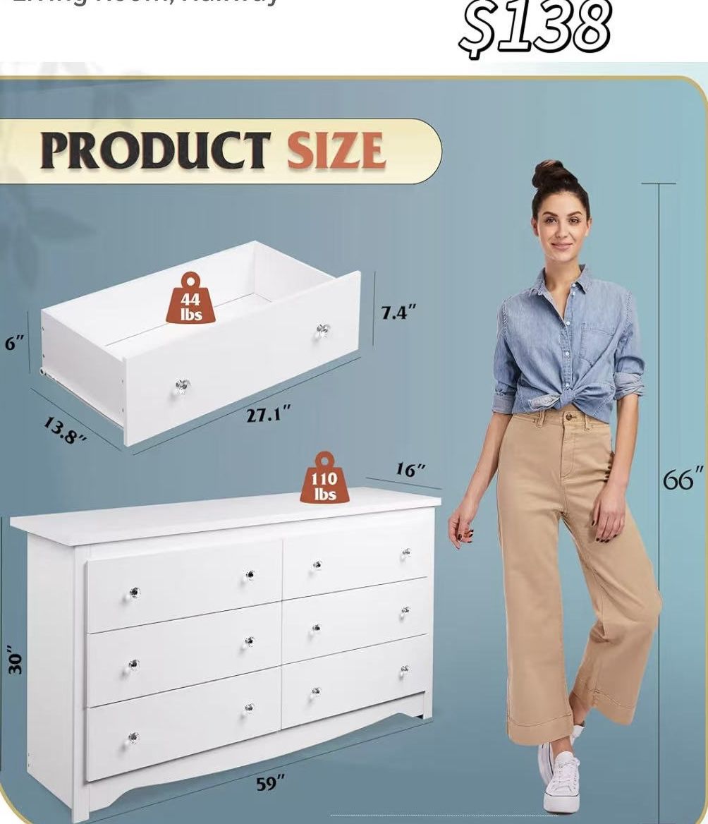 😀 WLIVE White Dresser for Bedroom, 59“ Wide Wooden Chest of Drawers with 6 Drawer, Long Nightstand with Drawers, Modern Large Storage Tower Unit