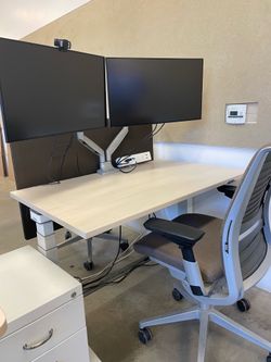Standing Desk, Monitors, Chair & File Cabinet