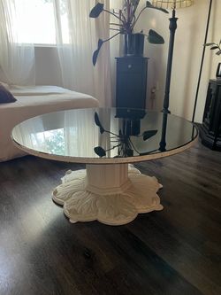 Antique Round Mirror Top Coffee Table Ornate White Base