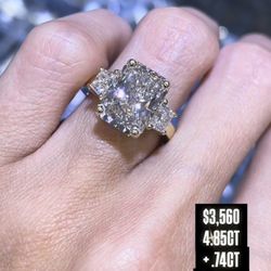 Three Stone 4.85CT .74CT Radiant Lab Grown Engagement Ring   
