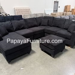New! REVERSIBLE Large Sectional Sofa And Ottoman, Reversible Chaise Couch, Sectional, U-shaped Sofa, Sectionals Sofas, Couch,Black Sectional,Chenille 