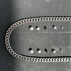 3/5/6/7mm stud earrings 7mm Cuban Link Chain 20” Silver Hip Hop Necklace