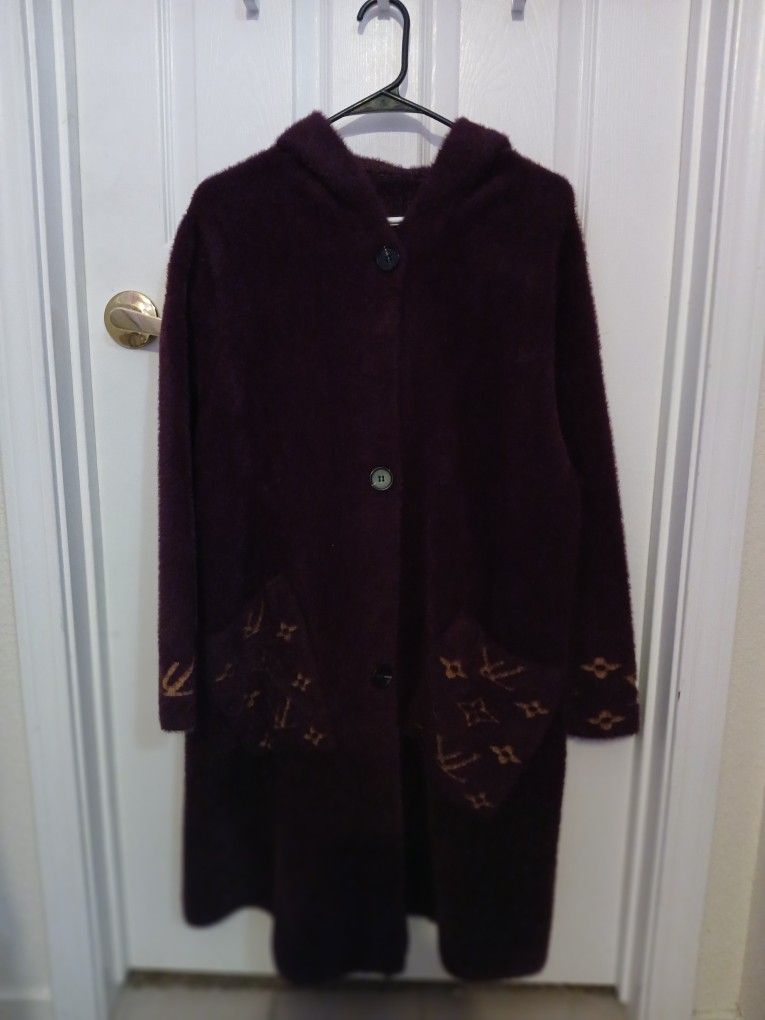 Burgundy Obersize Sweater Jacket With Hood And Pockets