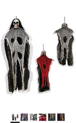 3 Pack Hanging Skeleton Ghost, Halloween Party Decoration, One 35.5" Hanging Ghost Skeleton and Two 23.6" Hanging Reapers