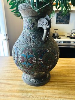 Antique Japanese Cloisonne Champleve Bronze/Enamel Vase W/Phoenix Handles, 12"H