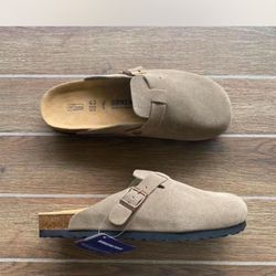 Tan suede Birkenstock Boston Clogs 