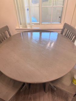 Round Gray Wood Dining Table with Chairs