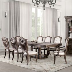 Brand New Upscale Weathered Gray & Beige 9pc Formal Dining Table Set 