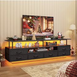 TV Stand for 65 70 Inches TV with LED Lights & Power Outlets, Entertainment Center with Open Shelves & 6 PU Fabric Drawers, TV Media Console Table for
