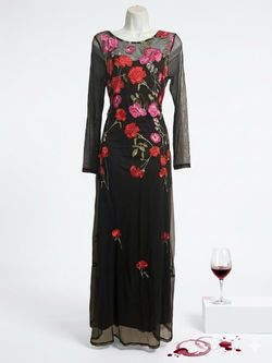 Vintage INC International Concepts Black Mesh Rose Embroidered Maxi Dress