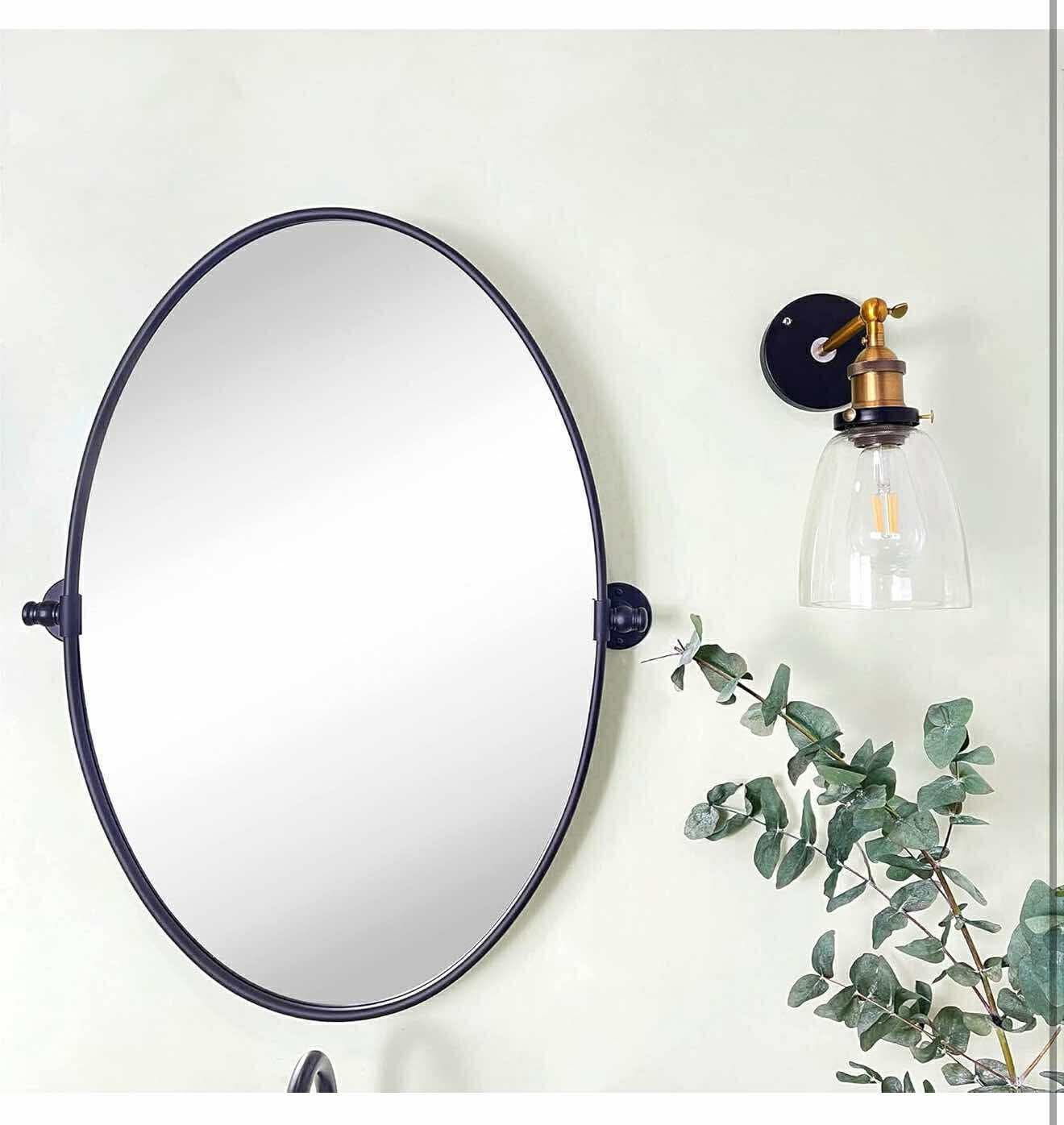 20x30” Black Oval Metal Pivot Bathroom Vanity Mirror Tilting Beveled