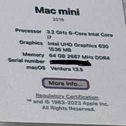 Mac Mini i7 6 Core 3.2 GHz 64GB 500GB SSD