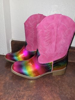 RLW Girls Boys Rainbow Metallic Pink Western Cowboy Pull-On Boots Iridescent 6