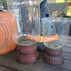 2 Large Glass Candle Holders With Wicker Base