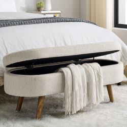 Oval Storage Bench 43.5" Linen Fabric Upholstered Entryway Bench with Solid Wood Legs Ottoman Bench Indoor Bench for Living Room/Bedroom/End of Bed/En