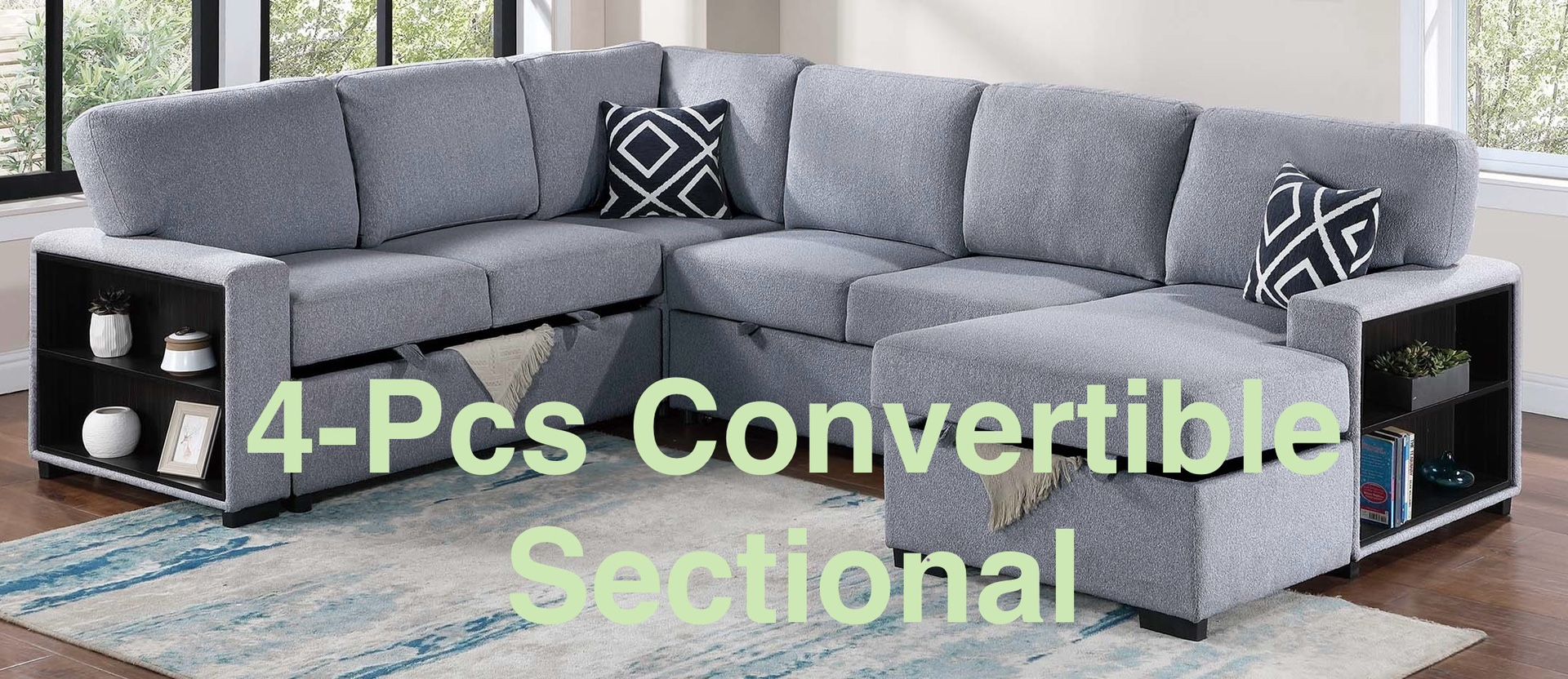 Large Boucle’ 4-Pcs Convertible Sectional (Finance & Delivery)
