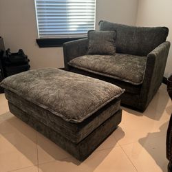  Wide Green Chenille Armchair and Ottoman