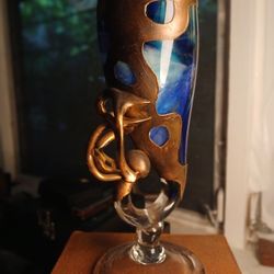 Filip Ravert Signed Scupture ART GLASS Vase Copper Overlay/Cobalt Blue