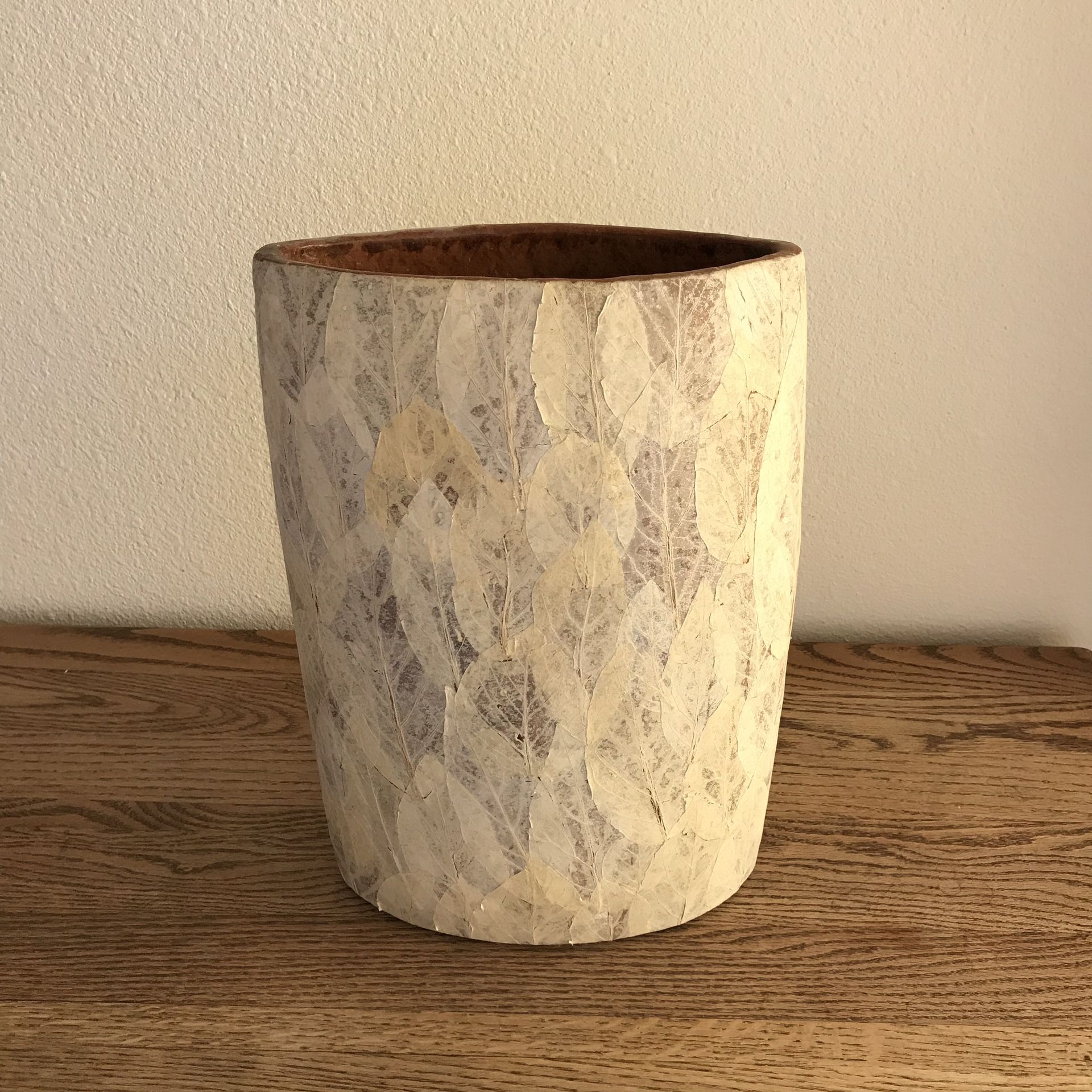 Ceramic Vase World Market cost plus leaf mosaic design 15” tall 11” wide opening 3 1/2”