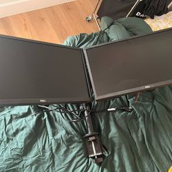 Dual Dell Computer Monitors On Desk Clamp