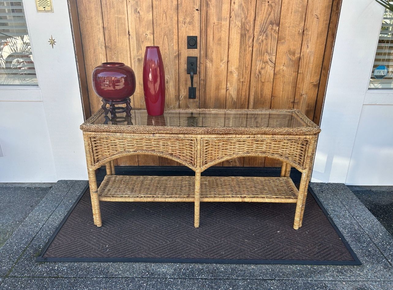 Rattan/Bamboo Glass-Top Table