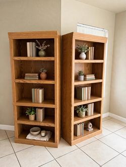 Pair of Tall Oak Wood Bookcases