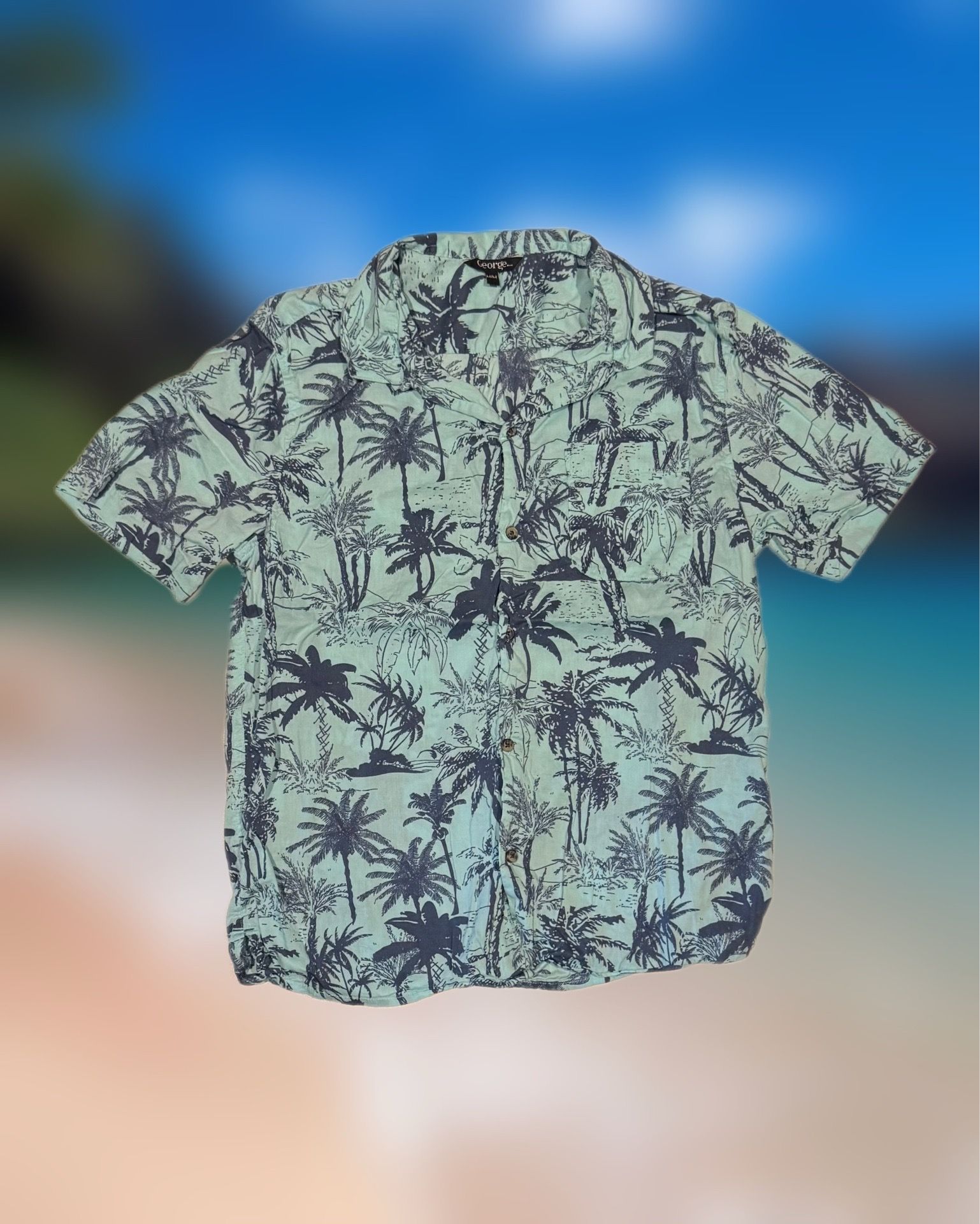 George Men’s Size Medium Green Short Sleeve Button Down with Navy Palm Print