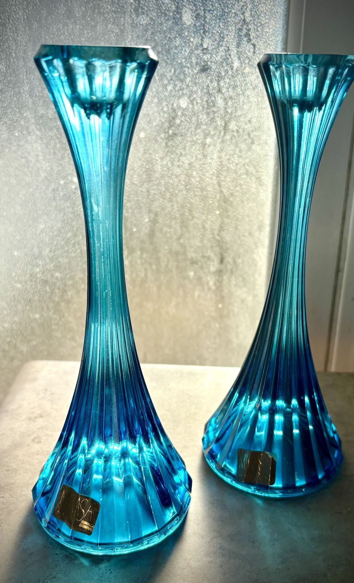 Vintage Pair Of Mikasa Austria Park Lane Ribbed peacock blue  Crystal Candle Holders // 8 inches tall // Rare and bea