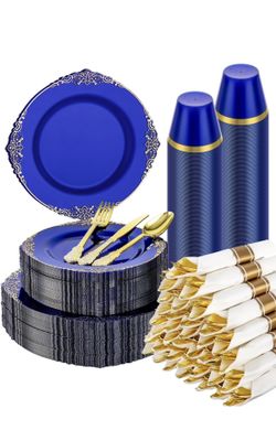 Goodluck 350 Piece Clear Blue Plastic Dinnerware Set for 50 Guests, Fancy Disposable Plates, Include: 100 Blue Rim Plastic Plates, 150 Silverwares, 50