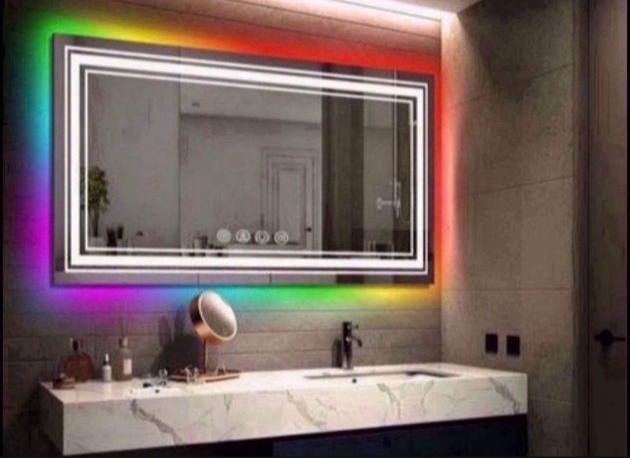MOSILA 48X24 inch RGB LED Bathroom Mirror Color Changing Backlit + 3 Front Lighting Mirror Anti-Fog Smart Touch Mirror