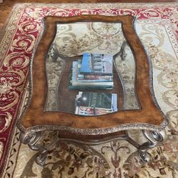 Glass Top Wood And Metal Coffee Table