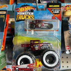 HOT WHEELS MONSTER TRUCKS RED BONE SHAKER WITH CAR
