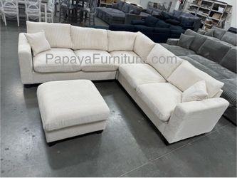 New! Plush Ivory Sectional, Sectional And Storage Ottoman, Sectionals, Sofa, Couch, Beige Couch, Ivorry Couch, Corduroy Sectional, ivory Sofa