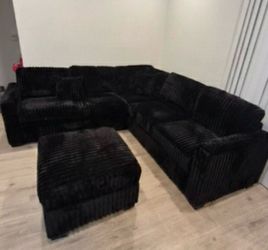Black Onyx Plush Corduroy Sectional with ottoman and accent pillows 99x99 pick up can deliver