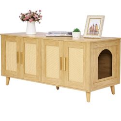 Boho Cat Litter Box Enclosure for 2 Cats Wooden Rattan Pet House Natural Retails $143