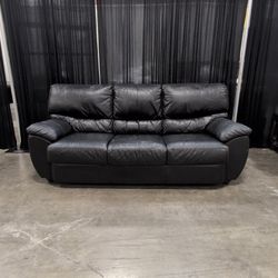 Black Leather Three-Seat Sofa with Pillow Arms