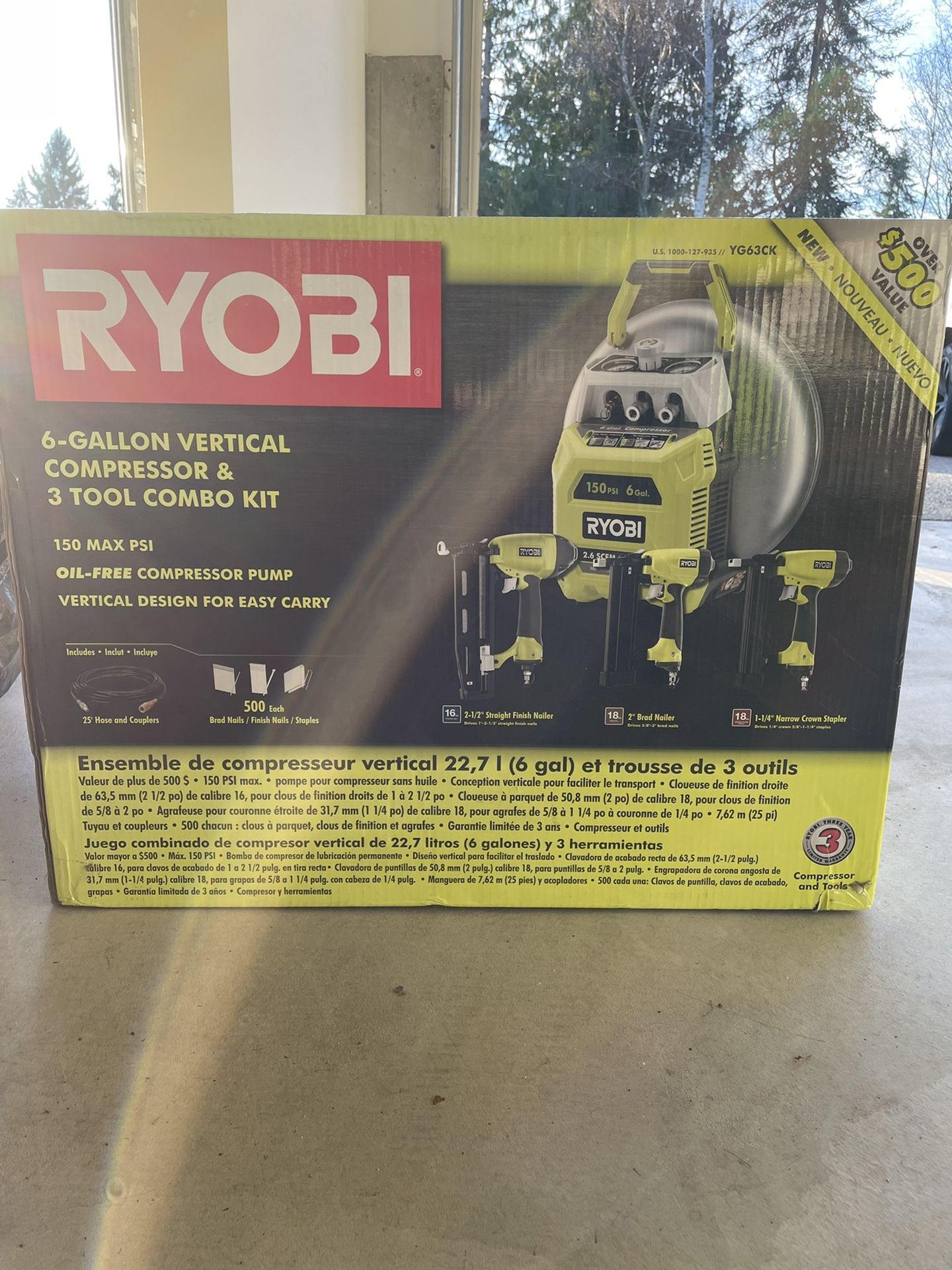 New - Ryobi 6-gallon Vertical Compressor & 3 Tool Combo Kit