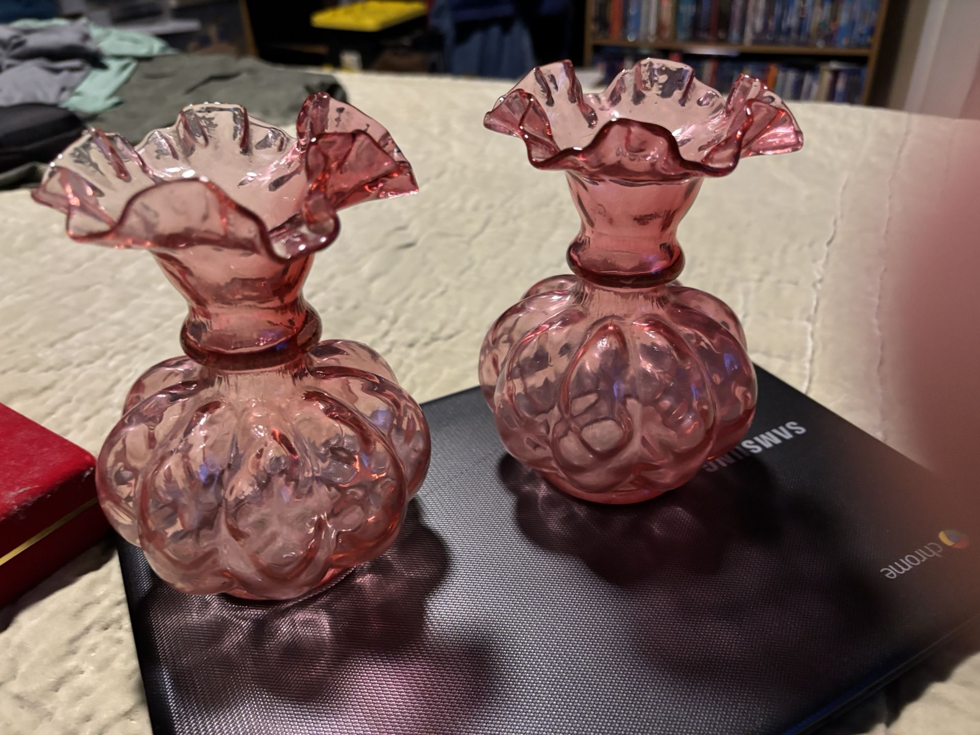 Vintage Fenton Cranberry Pink Glass Melon Vase