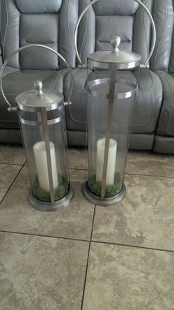 Lanterns 2-PC Set Jumbo Luxury Modern Indoor/Outdoor Hurricane Candle Lantern Set  brushed nickel color and  Glass